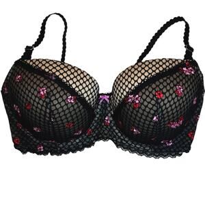 Victoria's Secret Dream Angels Embroidered Black Fishnet Floral Demi Bra 34DD
